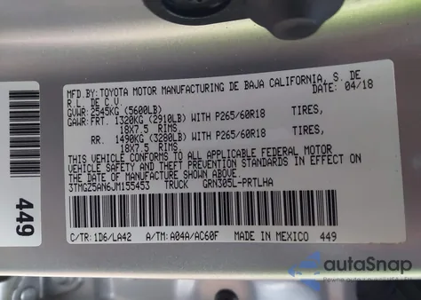 2018 Toyota Tacoma Limited из США, поврежденный, VIN 3TMGZ5AN6JM155453